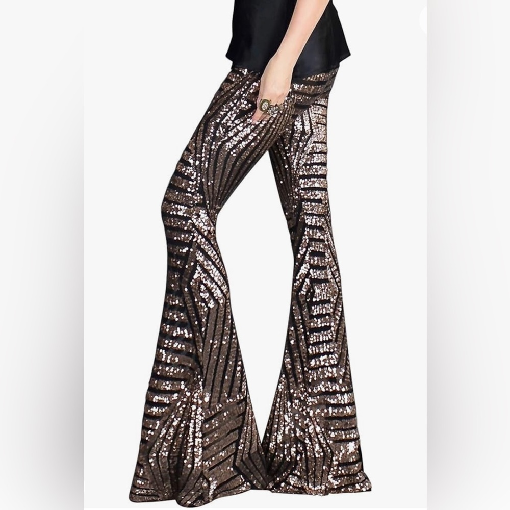 Sequined flared bell pants!  Size medium. Brown & Gold